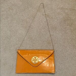 Tory Burch Glossy Orange Camel Brown with Chain Strap